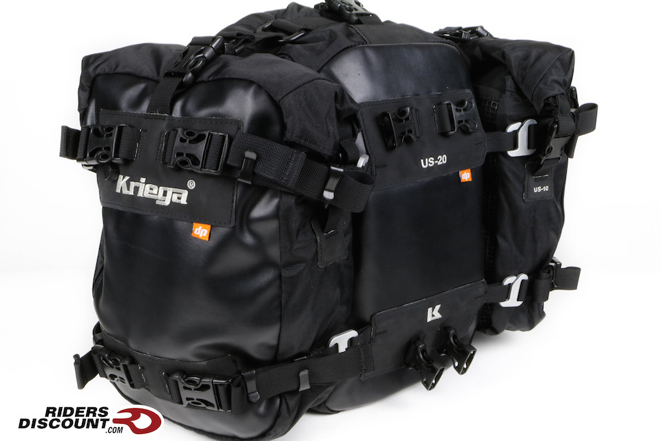 Example of two US-10 Drypacks attached to a US-20 Drypack to create a 40 liter combination.