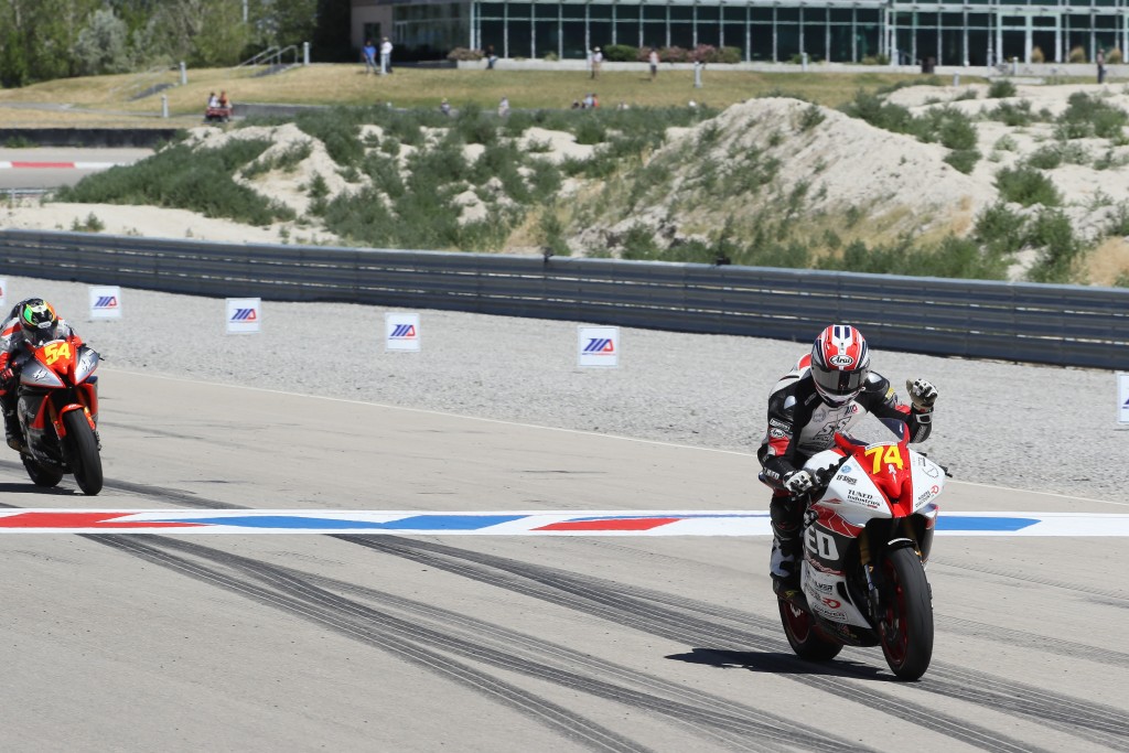 Bryce Prince (74) crosses the finish line at Utah Motorsports Campus. Photo by Brian J. Nelson.